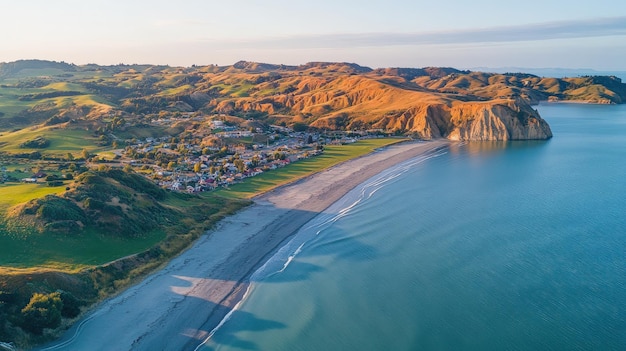 PSD vue aérienne d'une ville côtière avec une plage de sable, des collines vertes et une falaise spectaculaire au lever du soleil.