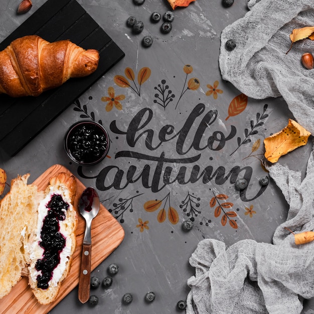 Vue de dessus automne petit déjeuner sur fond de stuc