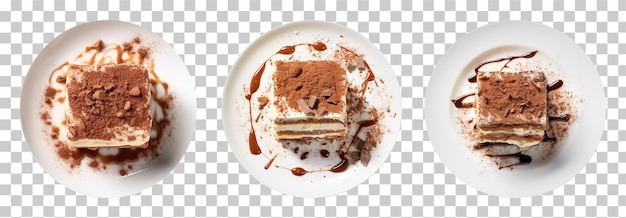 PSD vue du haut du délicieux dessert tiramisu servi sur une assiette blanche sur un fond transparent