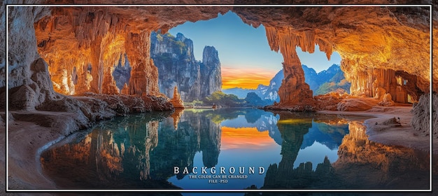 PSD vue d'un lac avec des montagnes reflétées dans l'eau depuis une grotte