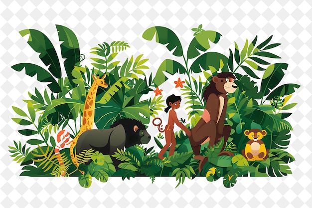 PSD weihnachten im dschungel mit mowgli und seinen tierfreunden d illustration weihnachtskunstdesign