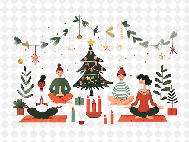 PSD weihnachtsmeditation mit charakteren, die achtsamkeit üben illustration weihnachtenkunstdesign