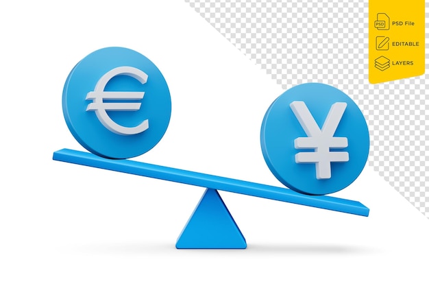 PSD weißes euro- und yen-symbol auf abgerundeten blauen ikonen mit 3d-gewichtswaage und 3d-illustration