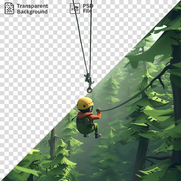 PSD zipliner 3d en course à travers une forêt d'arbres verts avec une personne portant un casque jaune au premier plan