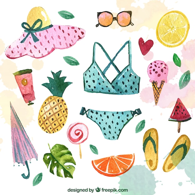 Vecteur gratuit accessoires de collection de bikini et d&#39;aquarelle