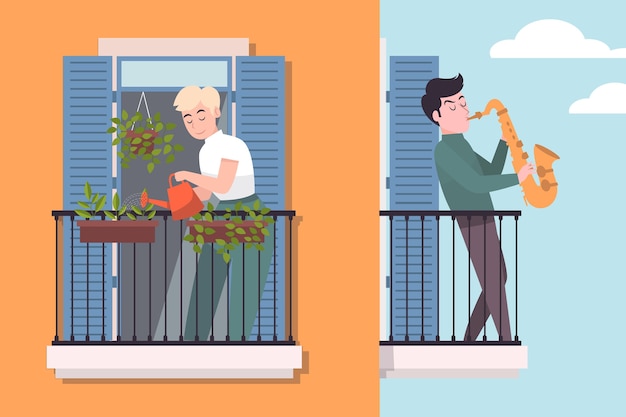 Vecteur gratuit activité de personnes sur balcon concept illustré