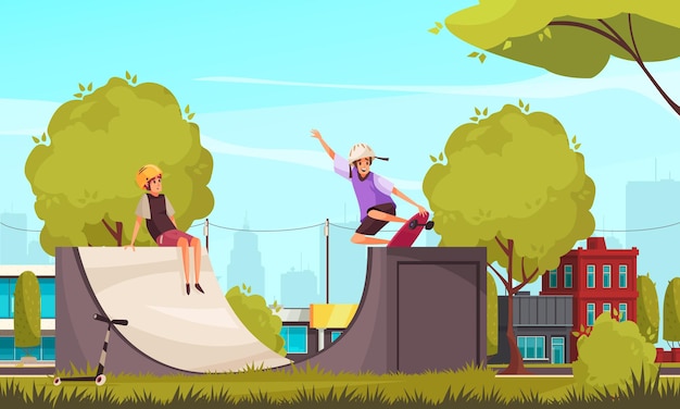 Vecteur gratuit activités de plein air avec des paysages de quartier urbain et des personnages d'adolescents patinant sur une illustration de quarter pipe de skate park