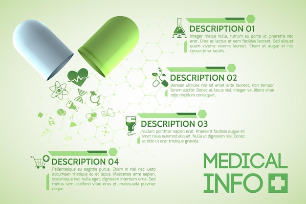 Vecteur gratuit affiche de conception médicale avec capsule médicinale originale composée de parties vertes et blanches