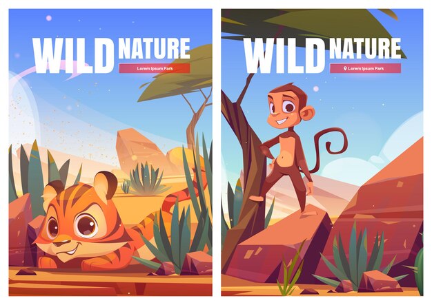 Affiche de dessin animé de nature sauvage. Singe et tigre drôles