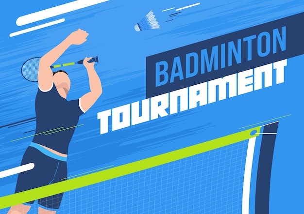 Vecteur gratuit affiche horizontale plate du tournoi de badminton avec un joueur masculin en mouvement frappant le volant avec une raquette à travers l'illustration vectorielle nette