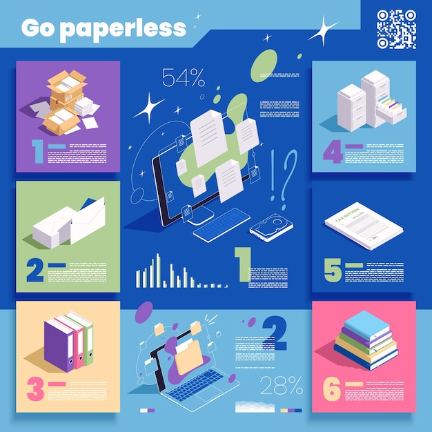 Vecteur gratuit aller infographie isométrique de concept sans papier avec des documents papier et des données numériques sur fond de couleur illustration vectorielle 3d