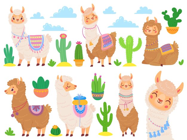 Alpaga mexicain de dessin animé. Lamas drôles, dessin animé animal mignon et lama avec cactus du désert