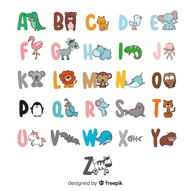 Alphabet animaux mignons dessinés à la main