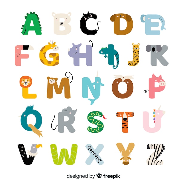 Alphabet animaux mignons dessinés à la main