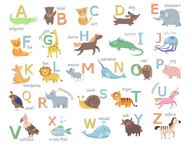 Alphabet de zoo coloré avec jeu d'illustration plat animaux mignons.