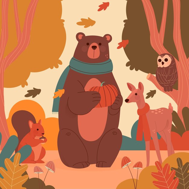 Animaux de la forêt d'automne dessinés à la main