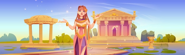 Antique temple grec avec dessin animé vectoriel de la déesse