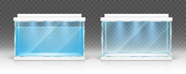 Vecteur gratuit aquarium en verre avec eau et terrarium vide avec couvercles blancs et éclairage transparent