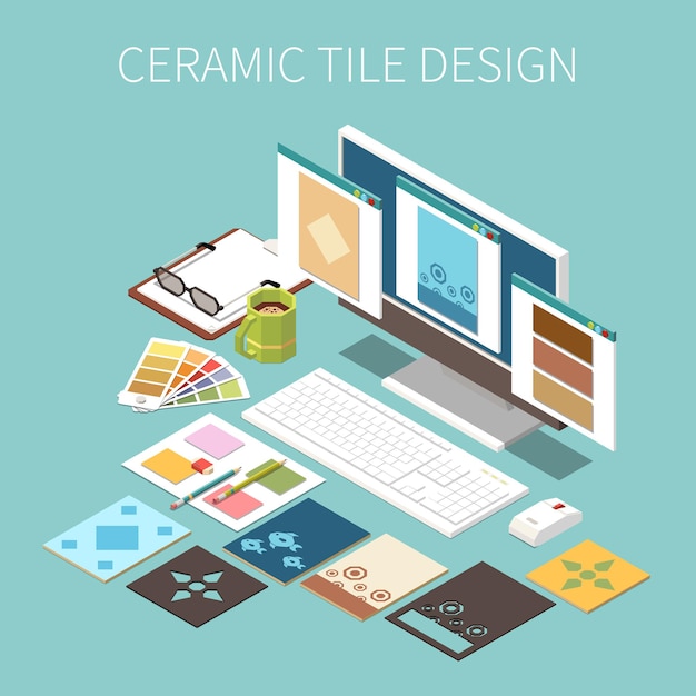 Vecteur gratuit arrière-plan de conception de carreaux de céramique avec différents types et couleurs de carreaux sur l'illustration vectorielle isométrique de l'écran pc