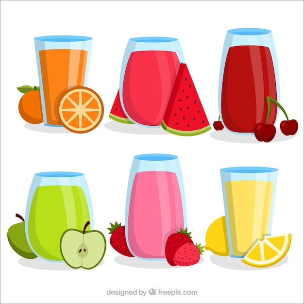 Vecteur gratuit assortiment de six jus de fruits en plat