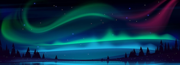 Aurore boréale arctique au-dessus du lac de nuit dans le ciel étoilé aurores polaires paysage naturel nord incroyable irisé brillant onduleux brillant au-dessus de la surface de l'eau illustration de dessin animé