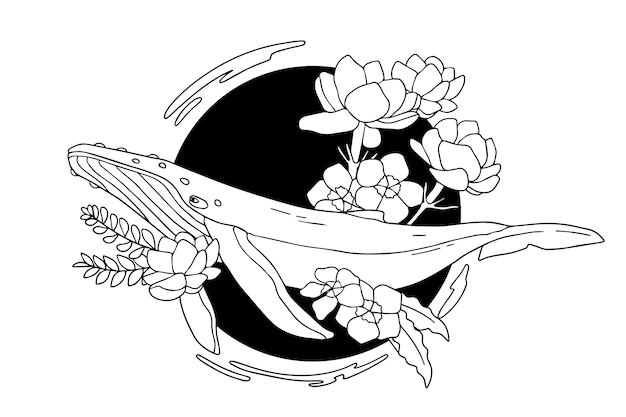 Vecteur gratuit baleine dessinée à la main avec illustration de fleurs