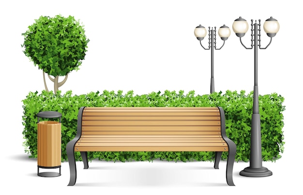 Vecteur gratuit un banc de composition de banc de parc en bois réaliste se tient près de la clôture des pièces dans l'illustration vectorielle de la zone du parc