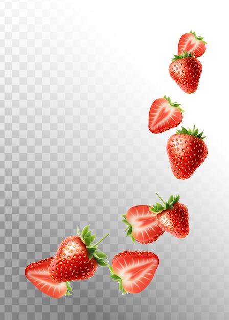 Vecteur gratuit bannière d'illustration vectorielle réaliste fraises rouges en chute isolées sur le fond