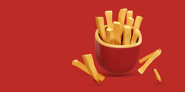 Vecteur gratuit bannière de restauration rapide avec pommes de terre frites réalistes 3d dans un emballage rouge illustration vectorielle