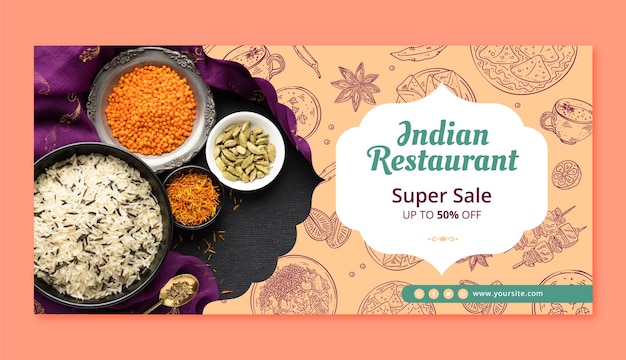 Bannière de vente de restaurant de cuisine indienne dessinée à la main