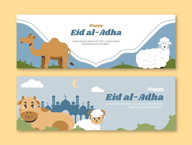 Bannières horizontales plates eid al-adha serties d'animaux