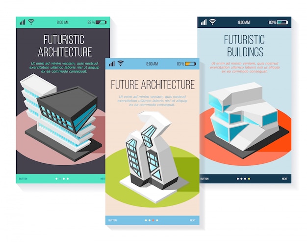 Vecteur gratuit bâtiments d'architecture futuriste isométrique du futur de jeu de formes diverses d'écrans mobiles