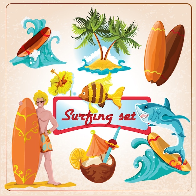 Vecteur gratuit beach surfing éléments décoratifs d'été ensemble illustration vectorielle isolée