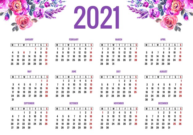 Beau calendrier 2021 pour un design floral coloré