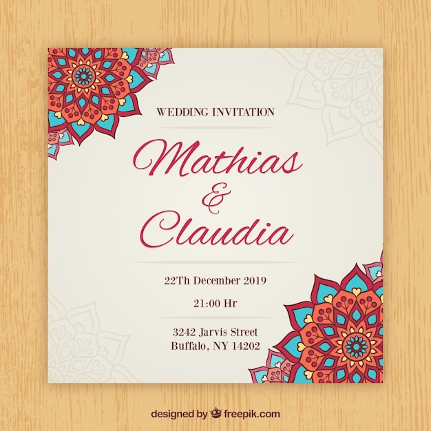 Beau modèle d&#39;invitation de mariage avec mandala coloré