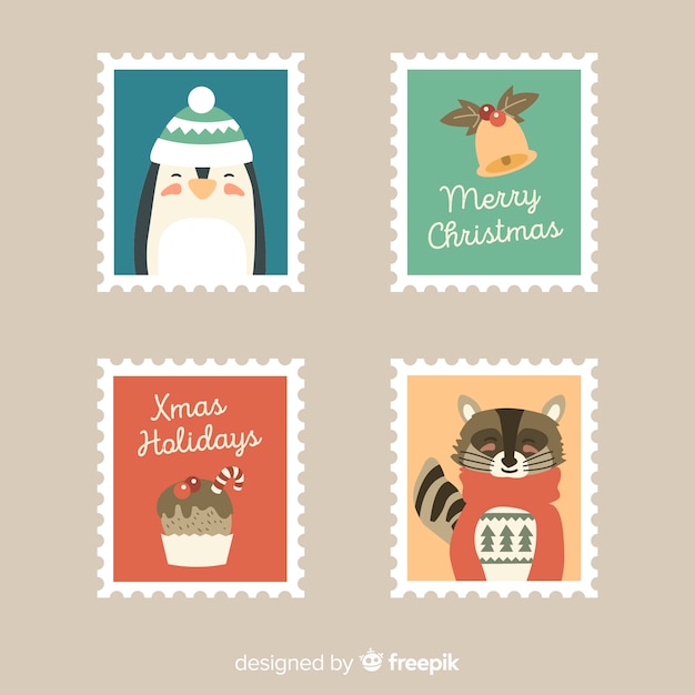 Vecteur gratuit belle collection de timbres de noël avec design plat