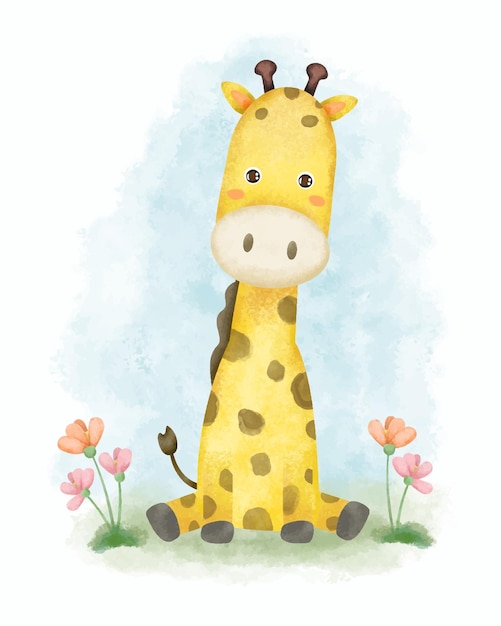 Belle girafe assise sur l'herbe avec de belles fleurs aquarelle