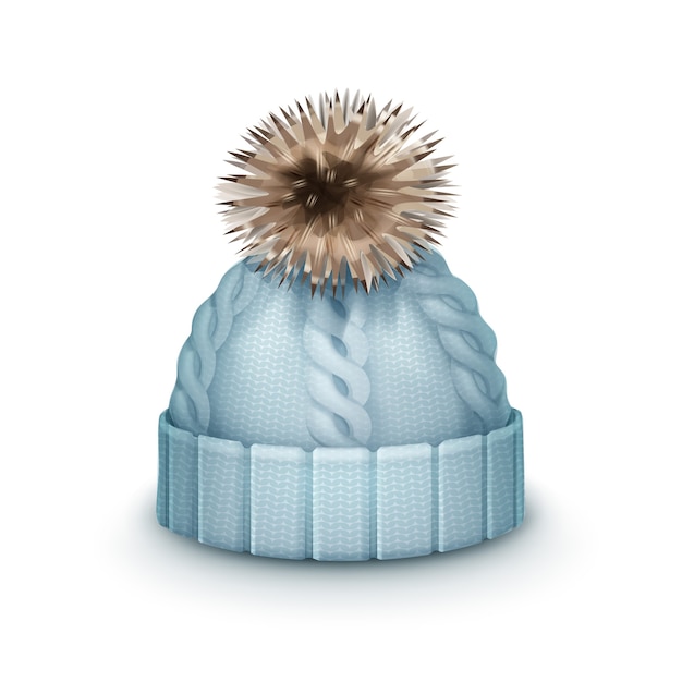 Vecteur gratuit bonnet tricoté hiver bleu vector avec vue de côté pom-pom isolé sur fond blanc