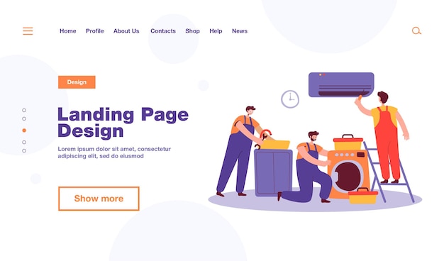 Bricoleurs réparant l'appareil ménager des clients. Homme de service électricien fixant la machine à laver, le climatiseur, l'équipement de plomberie. illustration pour le travail domestique, concept de maintenance