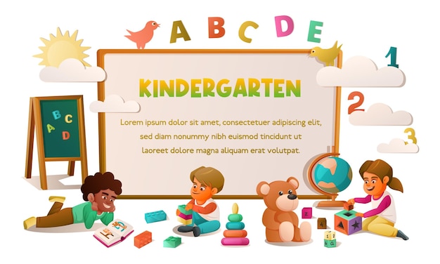 Vecteur gratuit cadre de dessin animé de maternelle avec de petits enfants jouant avec des jouets et lisant des livres illustration vectorielle