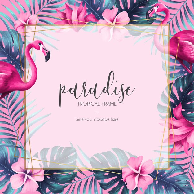 Cadre Floral Exotique avec Nature Rose et Flamingo