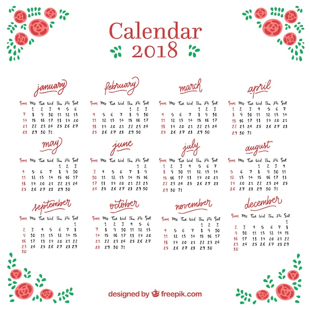 Calendrier 2018 avec des roses dessinés à la main