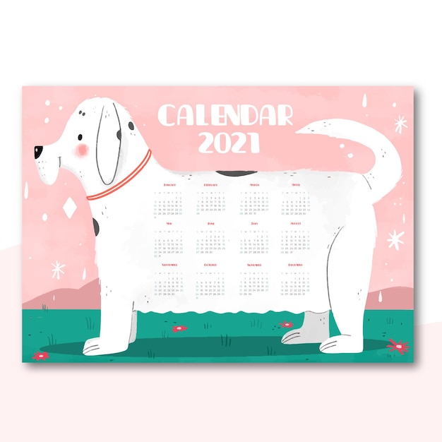 Vecteur gratuit calendrier du nouvel an 2021 dessiné à la main avec chien