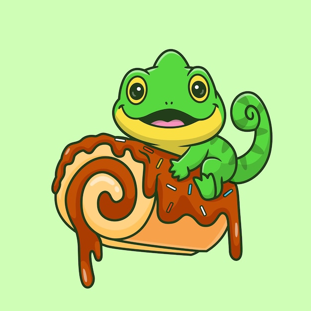 Vecteur gratuit un caméléon mignon mangeant un gâteau au chocolat cartoon icône vectorielle illustration de nourriture pour animaux isolé plat