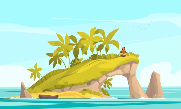 Vecteur gratuit caricature d'île tropicale avec homme solitaire sur illustration vectorielle de pierre de forêt