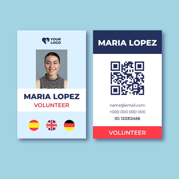 Carte d'identité de badge de bénévole maria lopez professionnelle