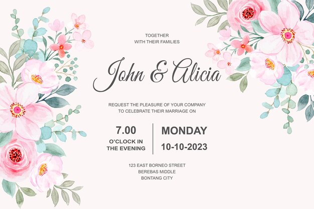 Carte d'invitation de mariage avec aquarelle florale rose