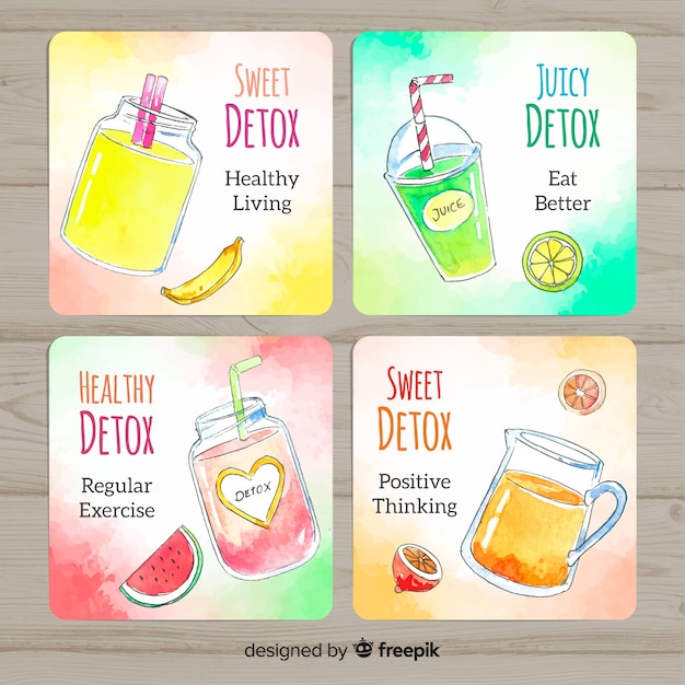 Vecteur gratuit cartes de jus de fruits aquarelle detox