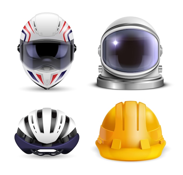 Vecteur gratuit casque réaliste serti de quatre images isolées de casque de construction vélo moto et casques de combinaison spatiale illustration vectorielle