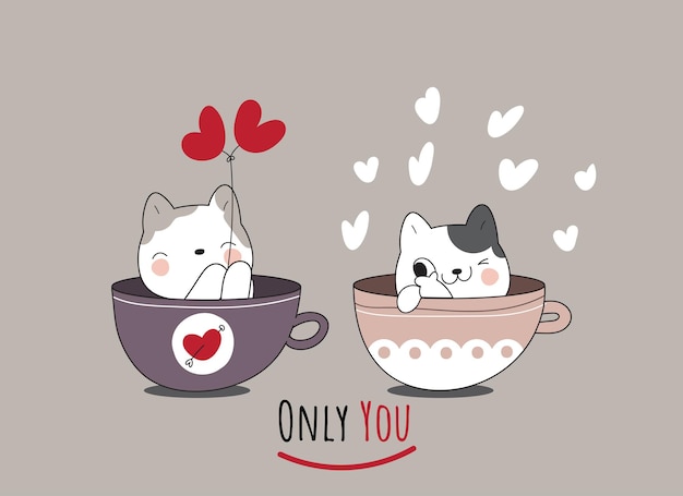 Chat animal mignon plat avec un ami sur l'illustration de la tasse de café pour les enfants